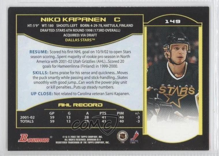 2002-03 Bowman YoungStars Niko Kapanen #149 - Image 2 of 2