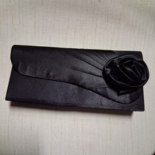 VtgY2K Jessica McClintock Black Satin Clutch Evening Bag Rose Bow Purse EUC