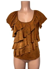 AB Studio Women's Size (S) Top Black/Orange Layered Ruffle Short Cap Sleeve