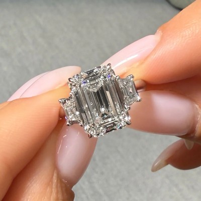 2Ct Emerald Cut Real Moissanite Three Stone Engagement Ring 925 Sterling Silver