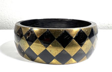 Vintage Horn Brass Inlay Bangle Bracelet Black Gold Checkerboard Harlequin Wide