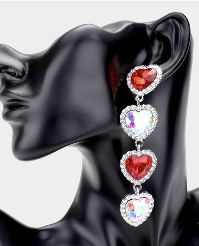 4” Red Heart Ab Silver Dangle Drop Rhinestone Prom Long Crystal Pageant Earrings