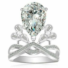 14K White Gold Finish 3CT Pear Shape Diamond Lab-Created Engagement Wedding Ring
