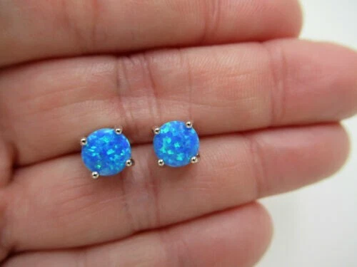 Pendientes de plata de ley 925 de 8 mm redondos de ópalo de fuego azul para m... - Imagen 4 de 4