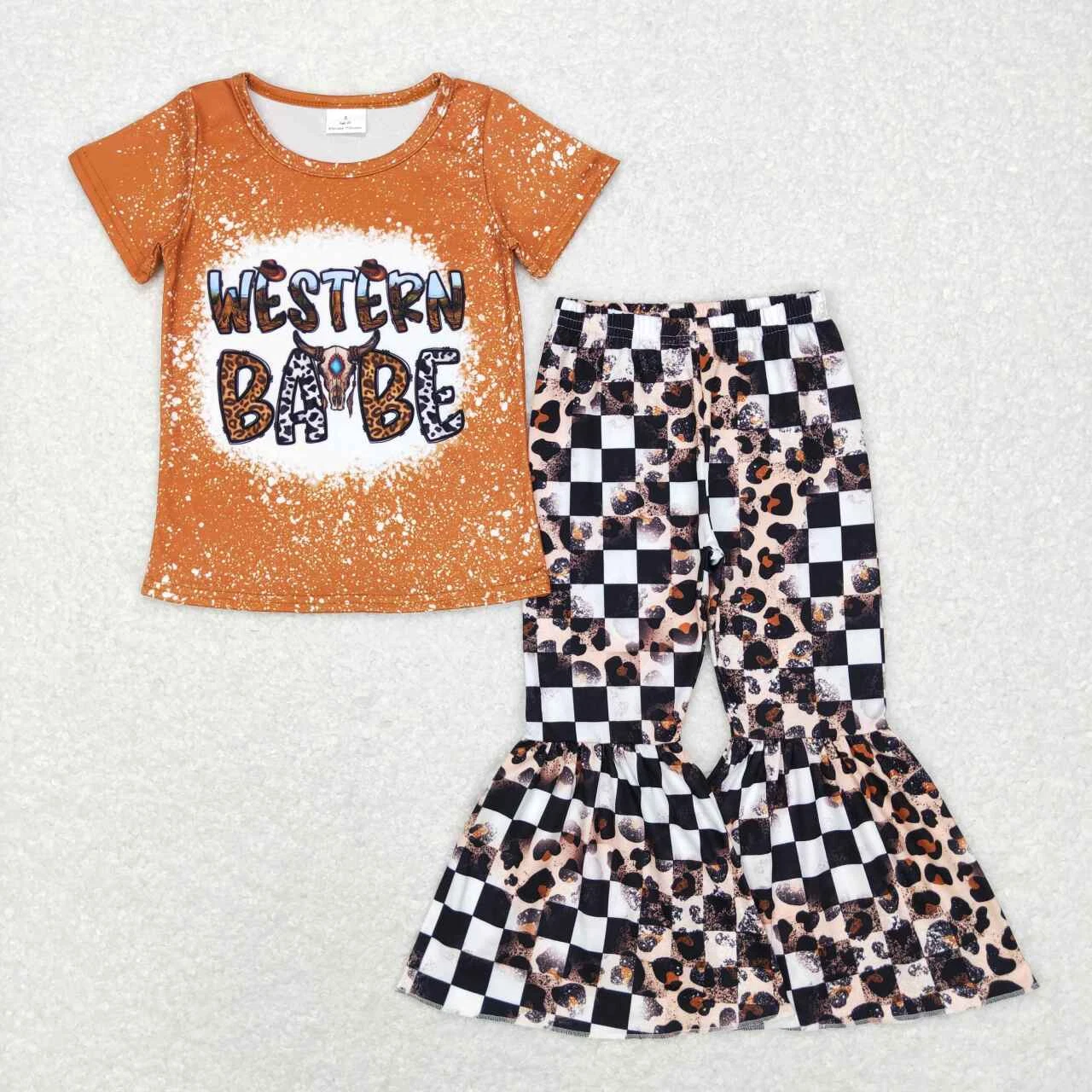 Infant Baby Girls Set Western Babe Checker Bell Bottom Pants Boutique Outfit