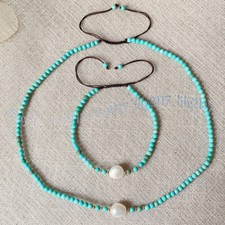 4mm Blue Turquoise Round Gems Natural 9-10mm White Pearl Necklace Bracelet Set