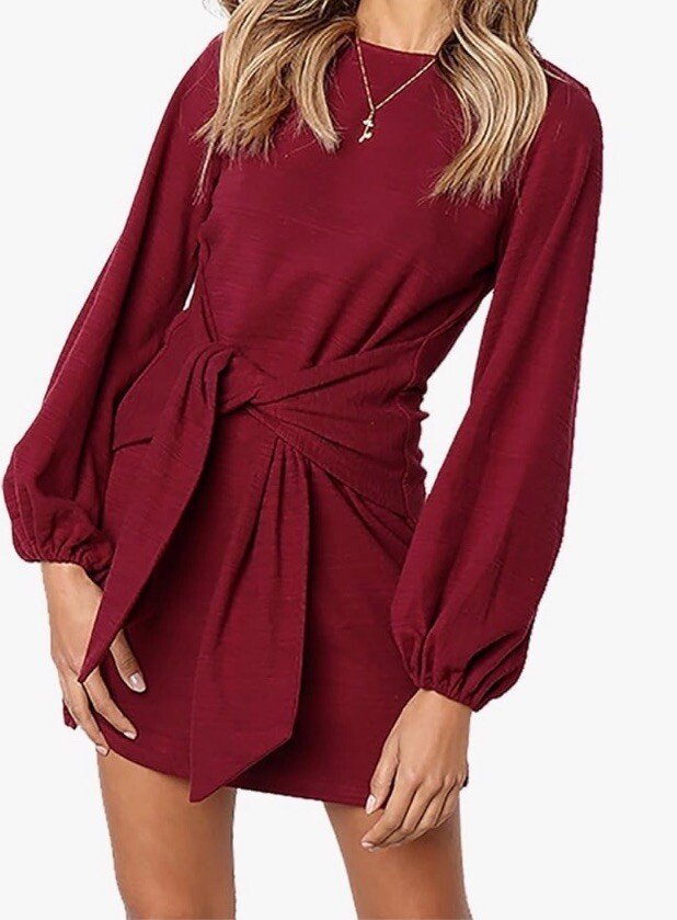 PRETTYGARDEN Women's Long Lantern Sleeve Cocktail Dress | Tie Waist Knit Mini Dress For Parties & Fall, Red Brown - View #4