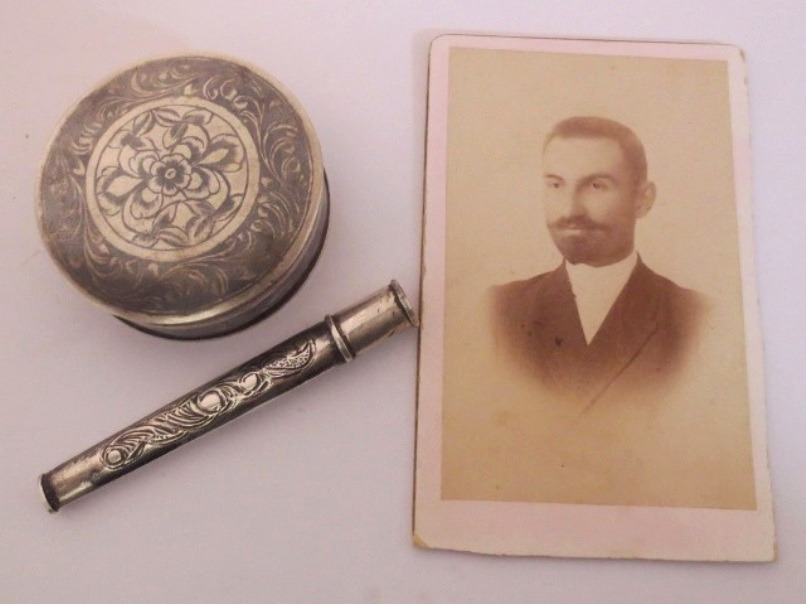 1912 SILVER Tobacco Box, Cigarette Holder Pipe, Photo- ARMENIAN insc.  Turkey VAN
