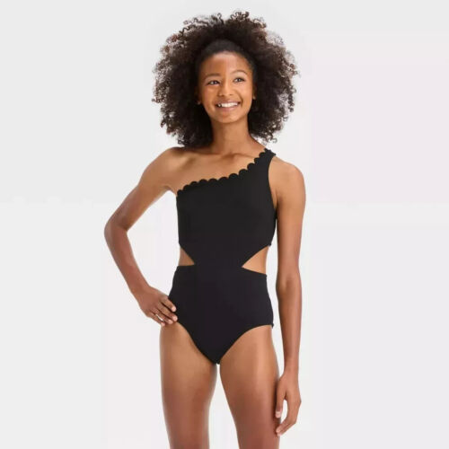 Art Class Girl's Size M (9) Sweet Scallop One Piece Swimsuit Black