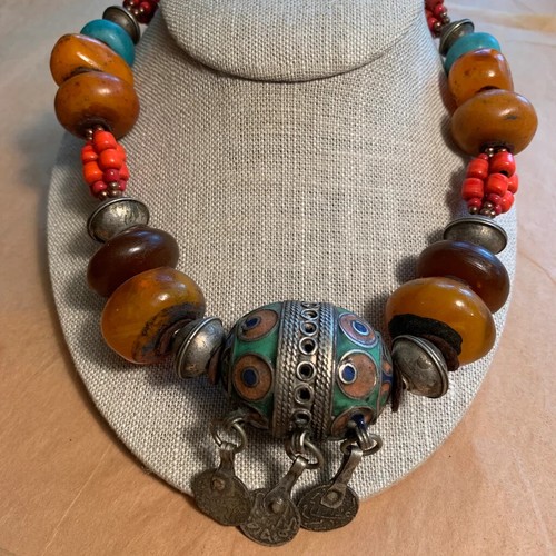 Gorgeous Enameled Berber Necklace Amber & Silver Traditional Style 18" MOROCCO - Picture 2 of 5