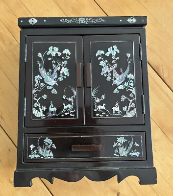 Antique Asian Oriental Black Lacquer Mother of Pearl Jewelry 4-Drawer Chest