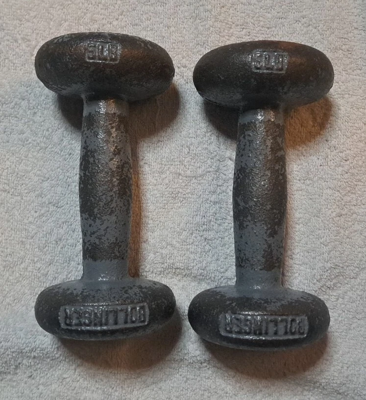 Vintage Bollinger Bun Dumbbell Cast Iron 5 Lb Set Pair 10 Lb Total