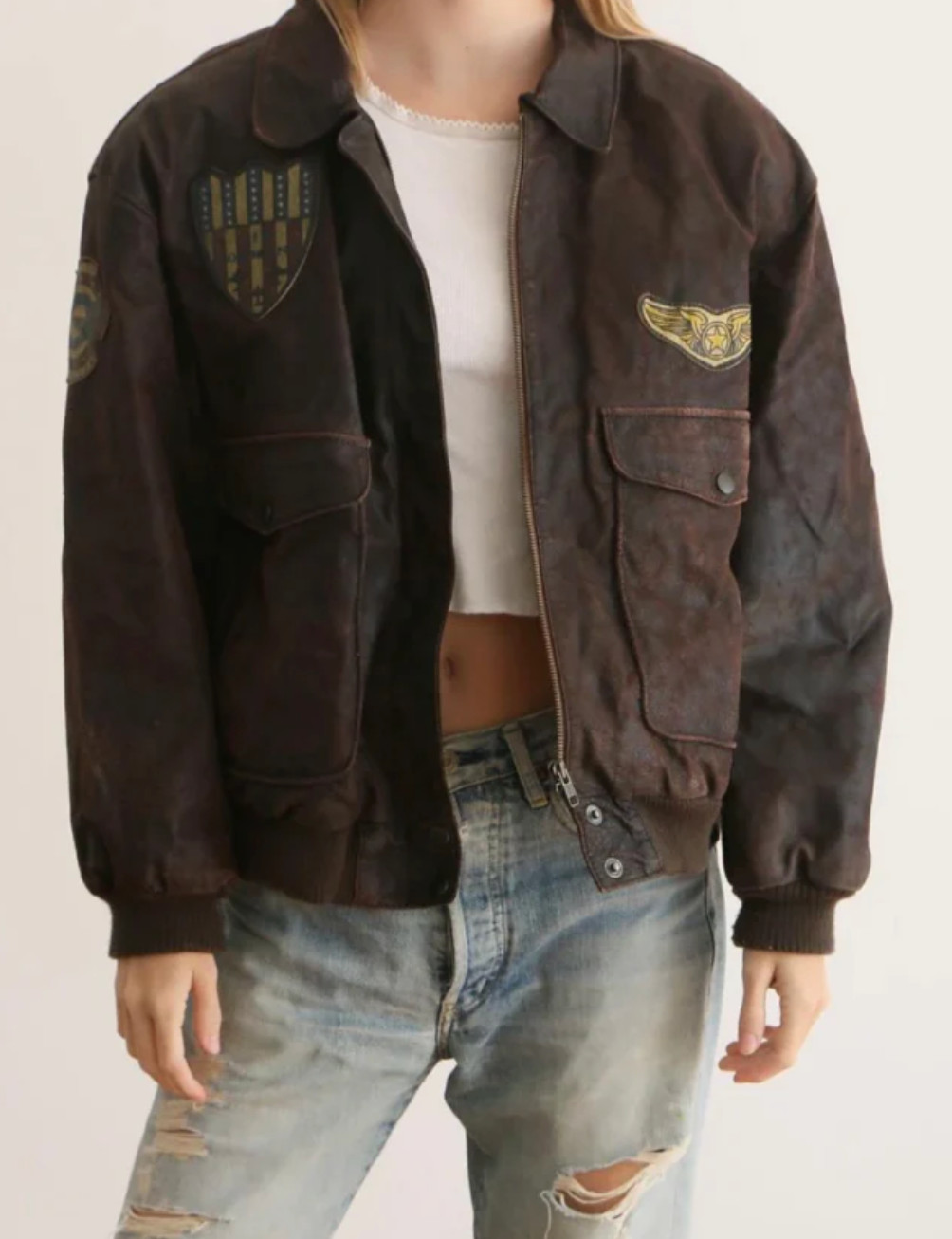 Vintage Brown Leather Aviator Patchwork Bomber Ja… - image 1