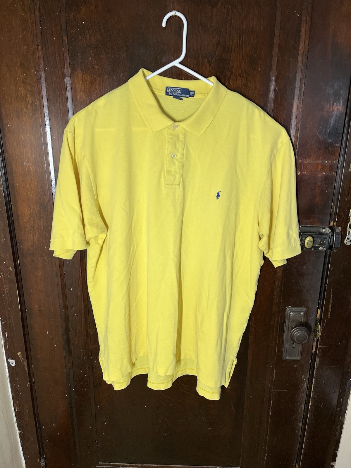 VTG Ralph Lauren Polo Shirt Mens 2XLT Yellow Pony Logo Short Sleeve Golf FLAW