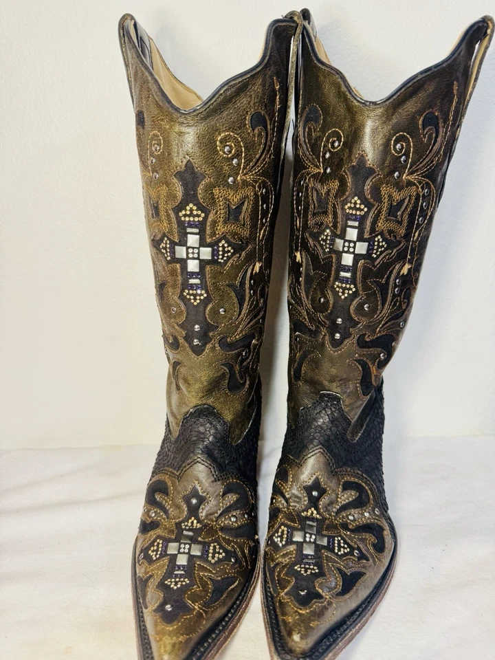 Corral Women's Dress Leather Boots Sz 8 M Brown With Black Crocodile Skin Warn1 - Image 2 of 4