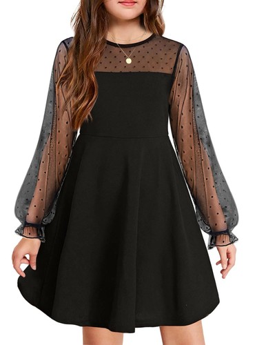Arshiner Girl's Contrast Mesh Puff Long Sleeve High Waist A Line Black Short ...