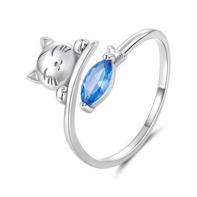 Cat Eating Fish Open Wrap Ring with Blue CZ Adjustable Finger Ring for Women ...