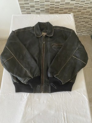 Herren Vintage Schwarz Leder Bomberjacke Flieger Flight Coat XL