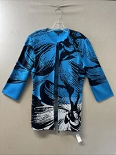 Ming Wang Teal Blue Black Floral Cardigan Knit Sweater Sz M D1201332