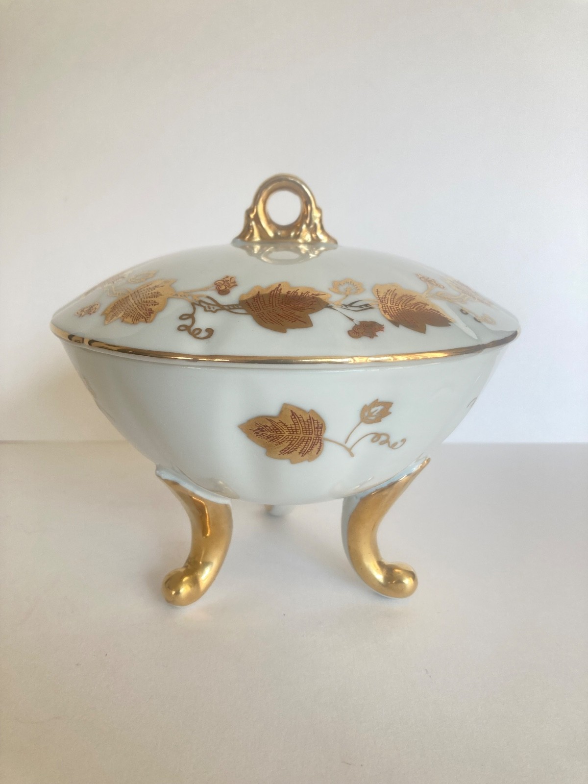 Vintage Lefton China Hand Painted Gold Leaves 3 Footed Covered Candy/Nut Dish