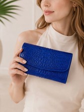 NEW Genuine Crocodile Skin Clutch   Vibrant Blue Exotic Leather Foldover Clutch