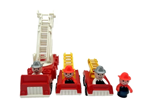 Fisher Price Vintage Little People 3x Fire trucks & 4x Firemen Lot of 7