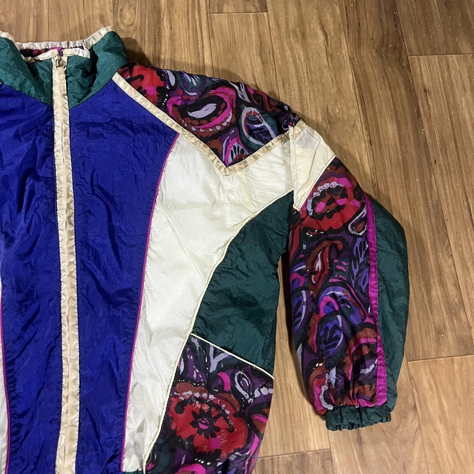 Chaqueta cortavientos vintage East West para mujer grande multicolor bloques de color nailon 90 Foto 3 de 4