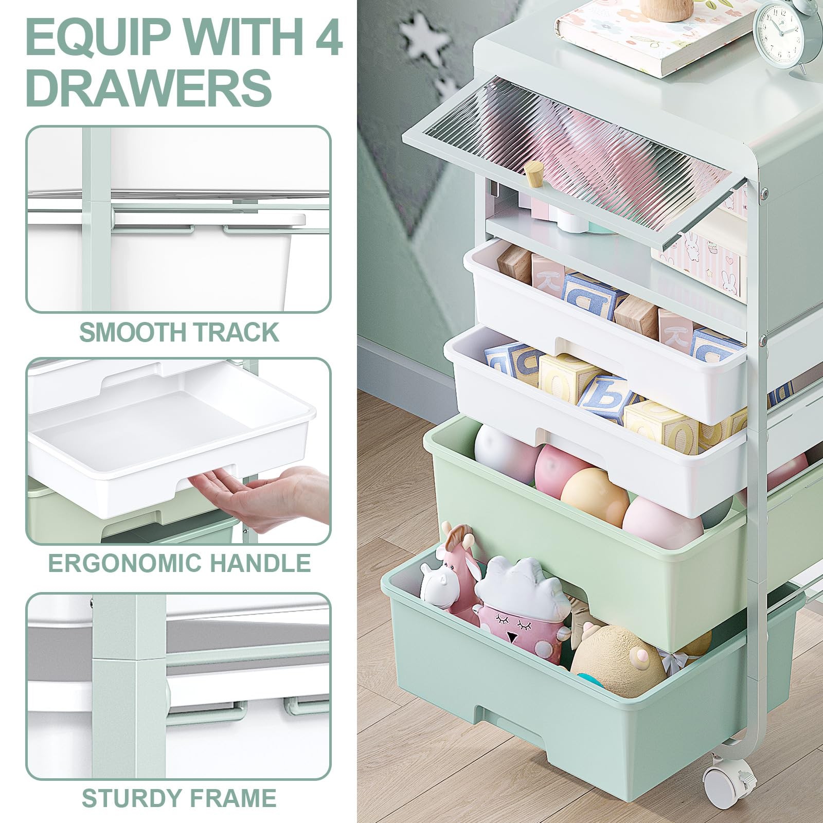Utility-Rolling-Storage-Drawer-Craft-Cart-Organizers with 4 Drawers & Dust-pr...