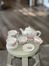 Miniature Porcelain Tea Set with A Pink Rose and Blue Floral Design 11 Pieces