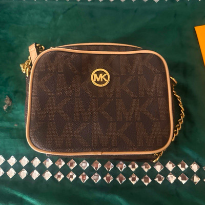 Michael Kors Brown MK Logo Zip Crossbody Bag Chain Strap Gold Hardware Small