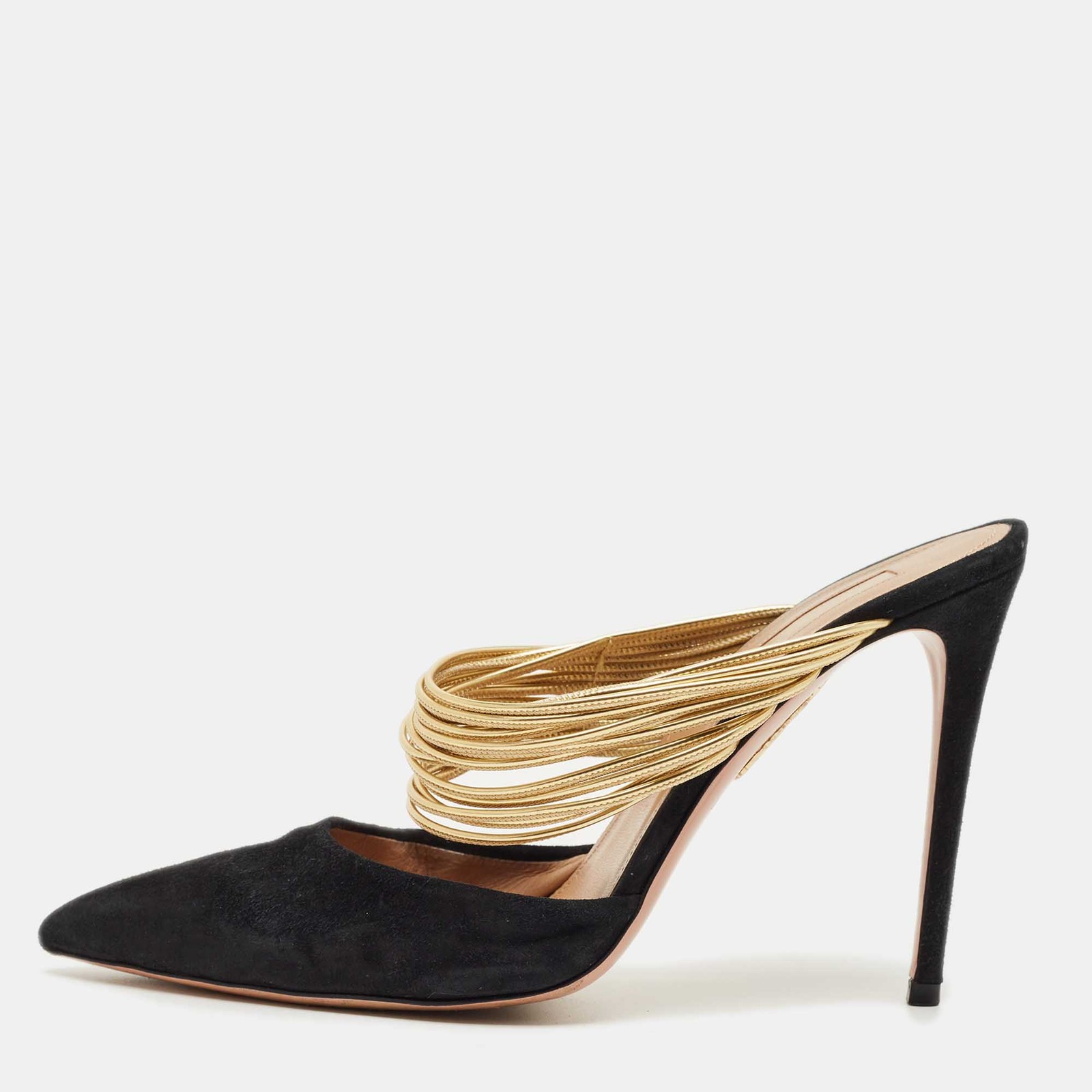 Aquazzura BlackGold Suede And Leather Rendez Vous Pointed Toe Mules Size 39