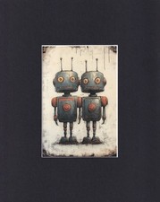 8X10" Matted Print Art Picture: Vintage-Looking Toy Robots: Robot Arm to Arm