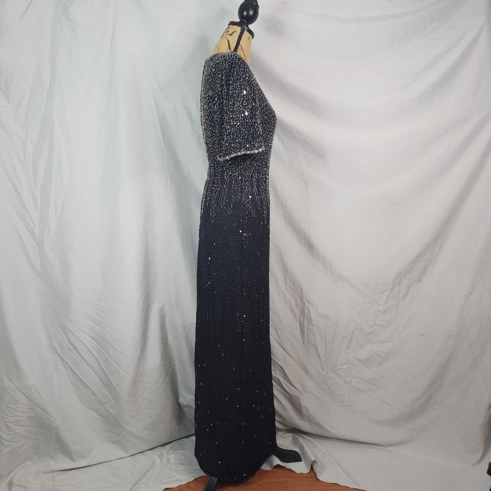 Vtg LAURENCE KAZAR New York Size XL Black Silk Beaded Short Sleeve Maxi Dress - Image 4 of 4