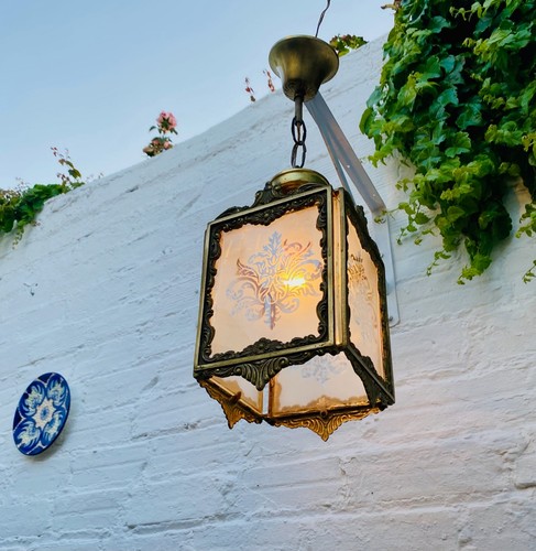 Feine schöne antike Messing Spanische Laterne Leuchte 3 Leuchten 4 geätzte Glasscheiben - Bild 1 von 10