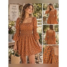 NWOT T.B.F.O Rust Orange Ditsy Floral Smocked Mini Dress Size Medium