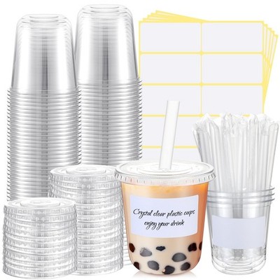 Ziliny 50 Sets Crystal Clear Plastic Cups Lids, Straws And Stickers, Disposable