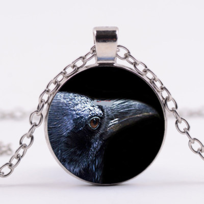 CROW RAVEN BEAK EYE HEAD FACE SKULL BLACK pendant 20'' Sterling Silver necklace 