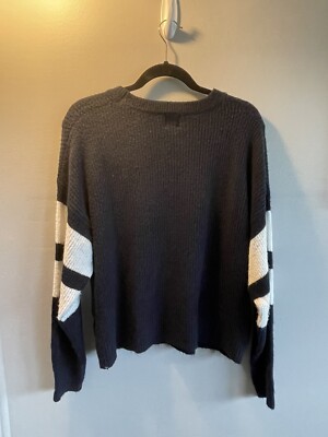 John Jenn Sweater Varsity Stripe High Neck Ribbed Long Sleeve Navy