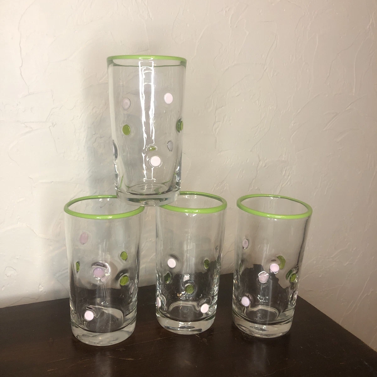 HAND BLOWN 12 oz. Drinking Glasses INLAID Multi Colored Dots HEAVY DUTY Set  of 4