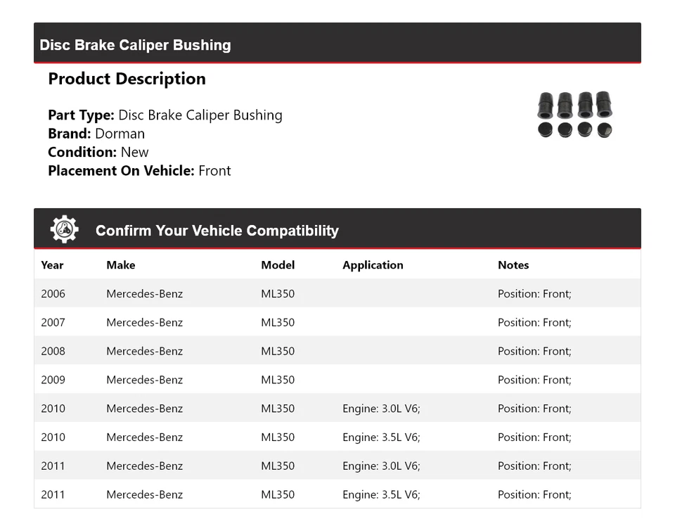 Передний суппорт дискового тормоза втулка 2007 для Mercedes-Benz ML350 Dorman 2006-2011 годов выпуска - Изображение 2 из 4