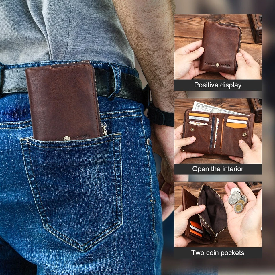 Contacts Men's RFID Oil Wax Leather Wallet Coins Credit Card Holder Purse Bifold - Image 2 of 4