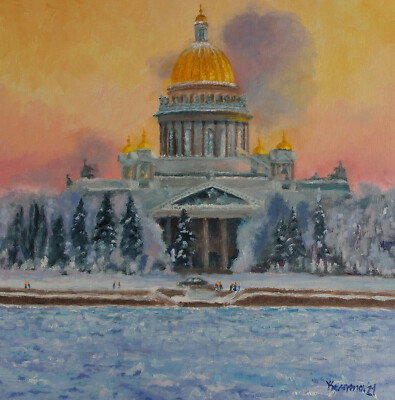 St. Petersburg Winter St. Isaakskathedrale Ölgemälde 16x16 handgemalt YSArt