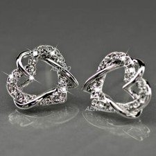 Pretty New White Gold Plated Shiny Crystal Intertwined Hearts Stud Earrings
