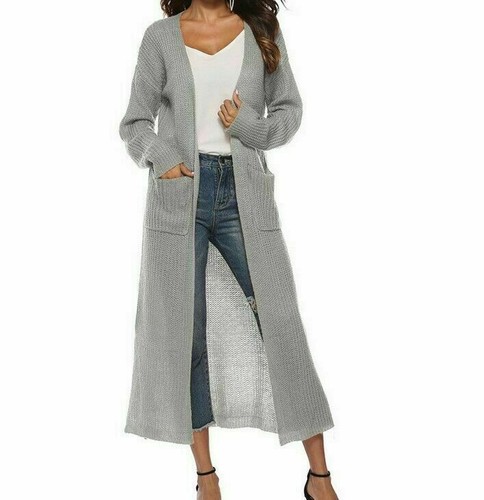 Maxi cardigan lungo spolverino manica lunga aperto davanti maglione cappotto donna - Foto 15 di 20