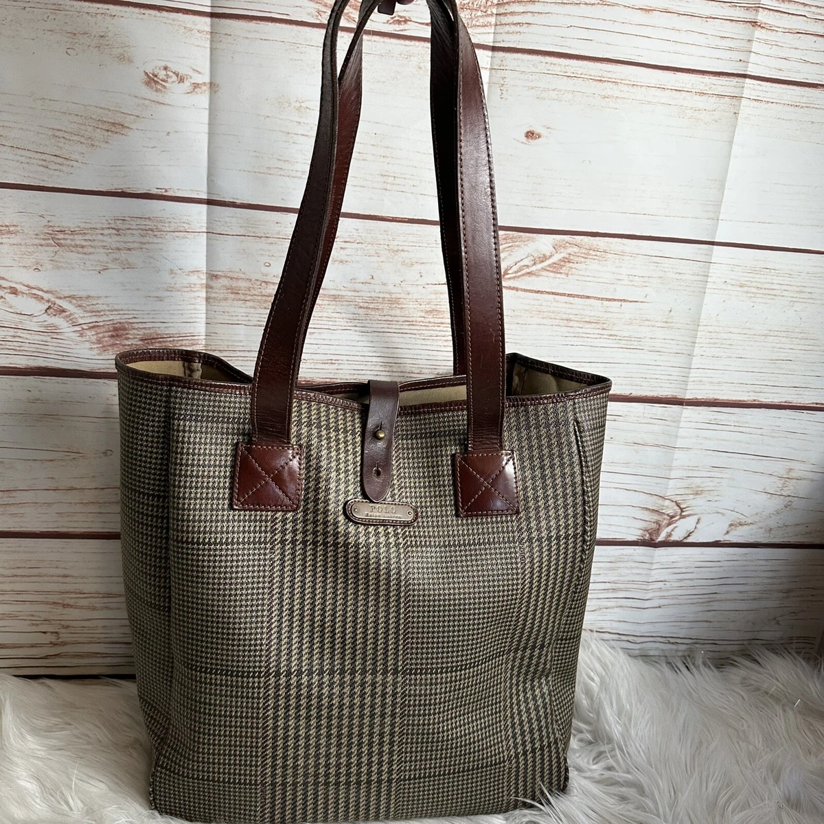 Vintage Polo Ralph Lauren Houndstooth Coated Canvas Leather Tote Bag Purse