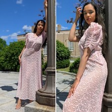BEAUTIFUL 1930  S PETAL PINK EMBROIDERED NET LACE LONG DRESS 