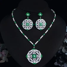 Beauty Green CZ Bridal Big Long Drop Flower Round Tennis Necklace Jewelry Set