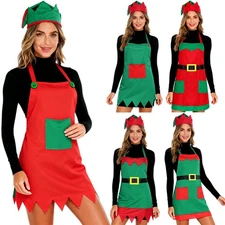 Women's Elf Costume And Hat Outfit Ladies Christmas Chef Apron Baking Carnivals