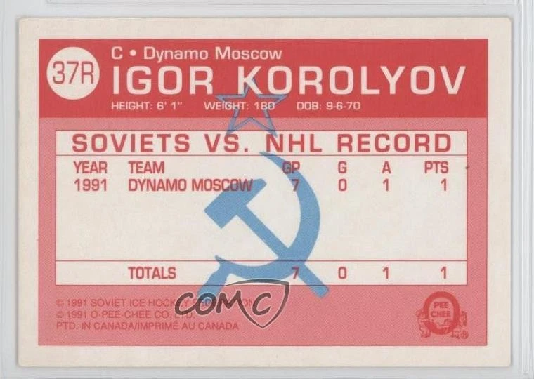 1991-92 O-Pee-Chee Russians Igor Korolev #37R - Image 2 of 2