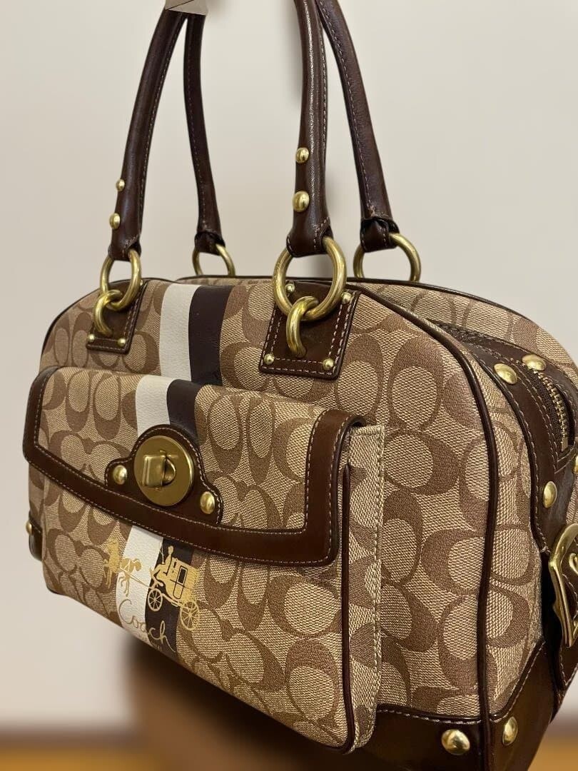 Coach Y2K Signature Satchel Bag Brown Leather Trim Horse Carriage Logo Vintage image 10
